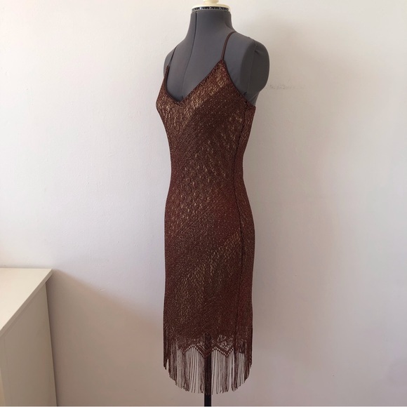 VTG 90s Y2K Forever 21 brown crochet fringe hem dress - Picture 3 of 12